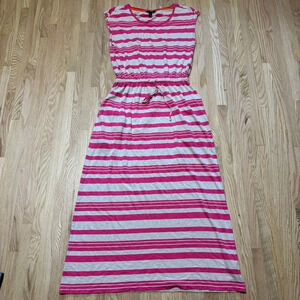 Tommy Hilfiger | Striped Maxi Dress Cinch Waist, Pockets & Gold  Button Detail